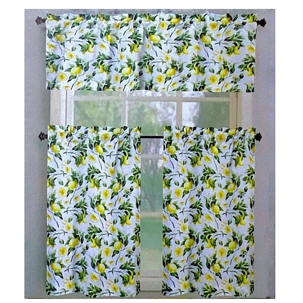 Tribeca Cafe Curtain Set Lemon Print 3 Piece Tier Set Fruit Floral White Yellow